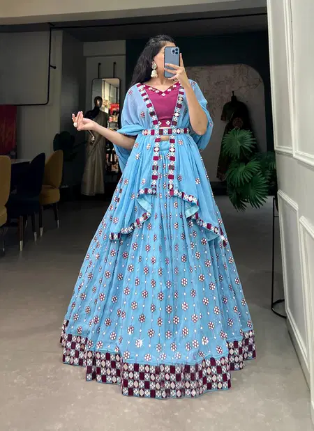 Blue Colour Georgette With Sequins And Embroidery With Mirror Work Lehenga With Blouse Dupatta Wholesale Online Lnb1733